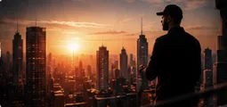 Empresário diante de uma cidade ao pôr do sol